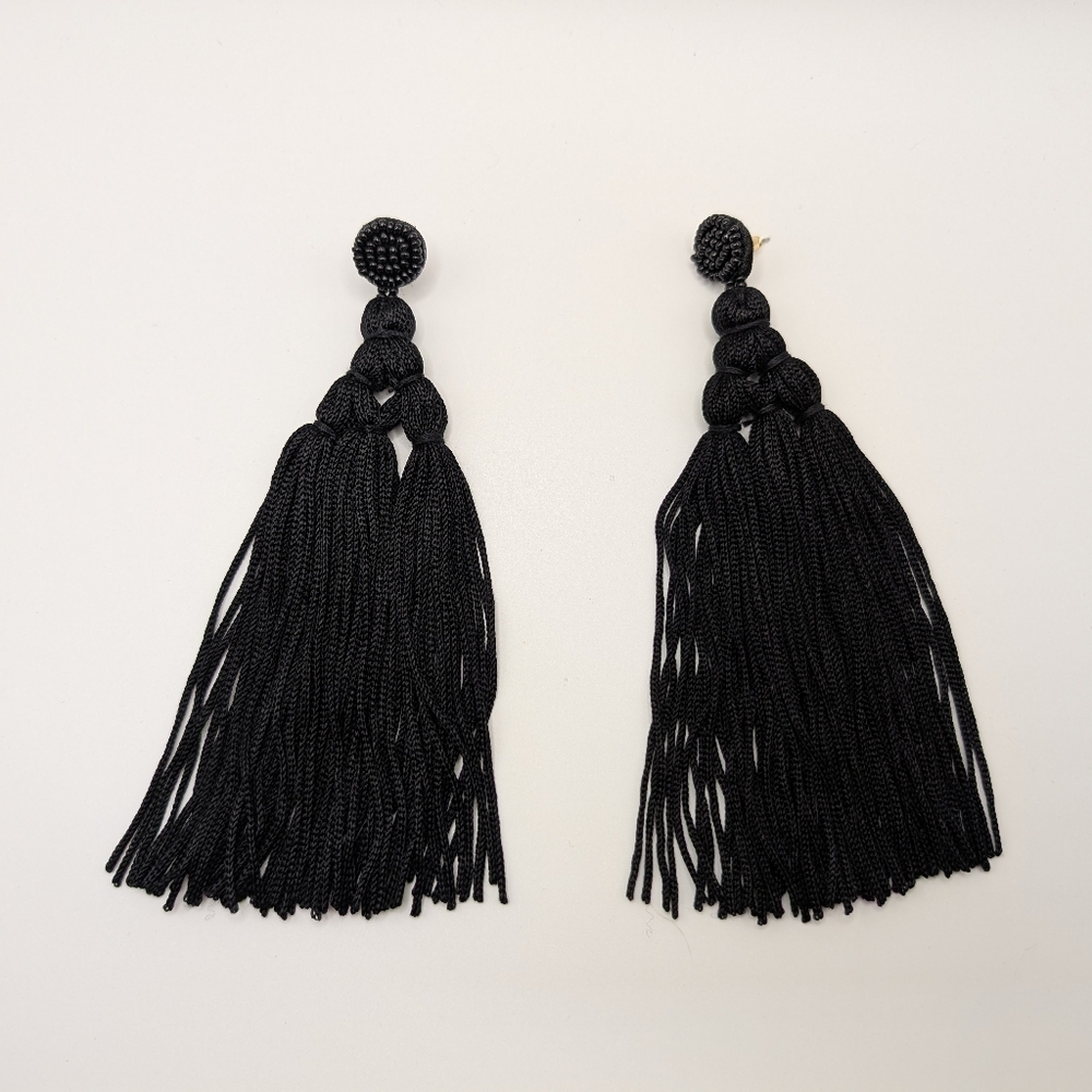 Handmade Boho Fringe Earrings Pierced Black Tassel 5 Inch Dangle NWOT (Pair #2)